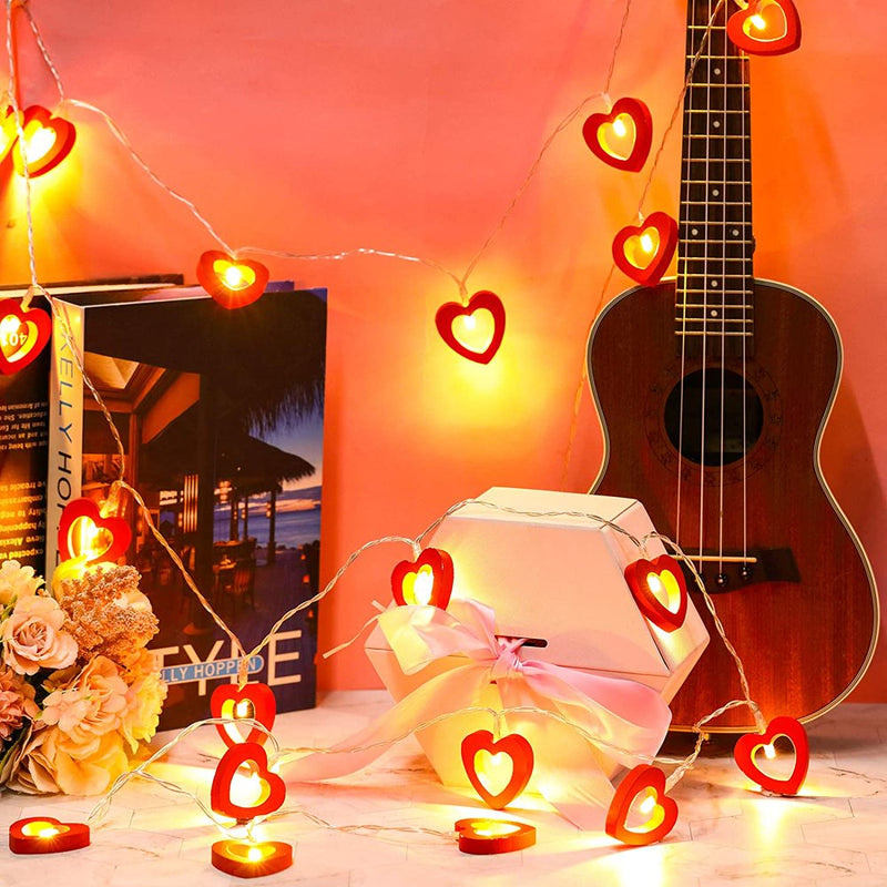 LONGRV Valentine'S Day Red Heart Wooden String Lights - 9.85 Feet 20 LED Mini Fairy Lights Battery Operated with 2 Modes for Outdoor Indoor Bedroom Patio Wedding Decoration