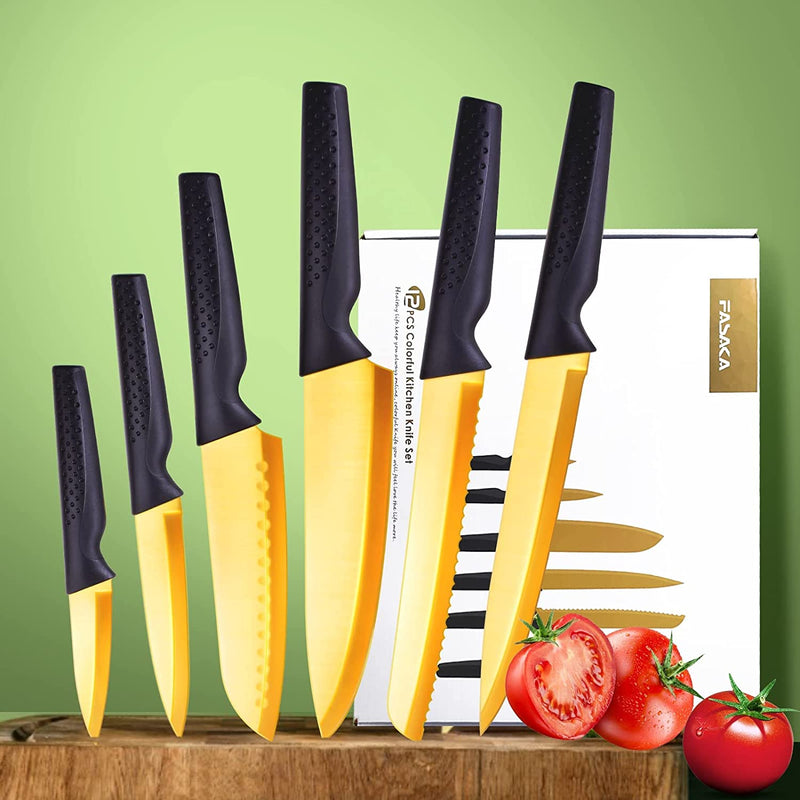 FASAKA Knives Set for Kitchen, Chef Knife Set, Kitchen Knife Sets, 6Pcs Titanium Coated Golden High Carbon Steel Made Kitchen Knives & 6Pcs Knife Sheaths with Gift Box, House Warming Gift