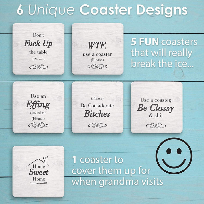 Funny Coasters for Drinks Absorbent with Holder - 6 Pcs Novelty Gifts Set - 6 Sayings - Unique Present for Friends, Men, Women, Housewarming, Birthday, Living Room Decor, White Elephant, Holiday Party