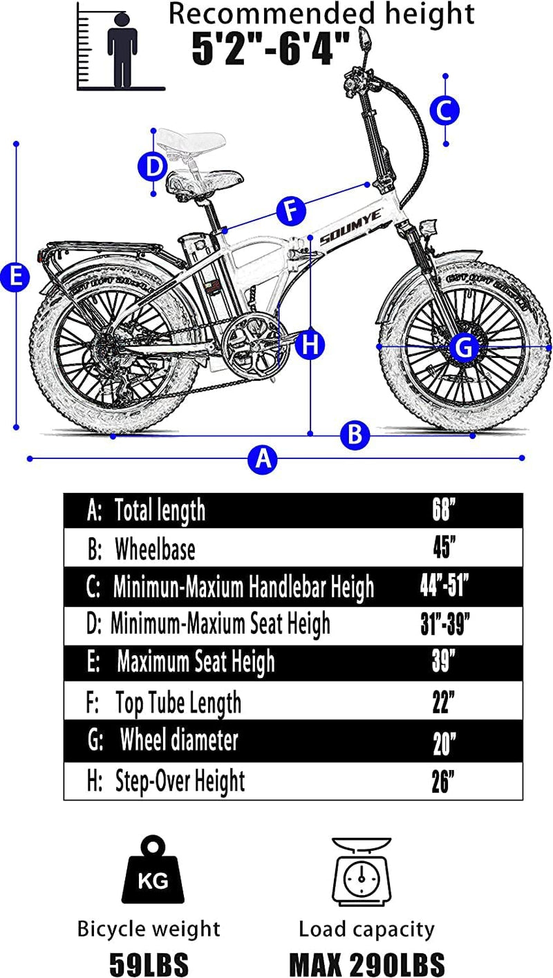 Soumye 48V500W13AH 20" X4.0 Adult Step-Over & Step-Thru Folding Fat Tire E-Bike Mountain Electric Bicycle Beach Cruiser Snow Bike
