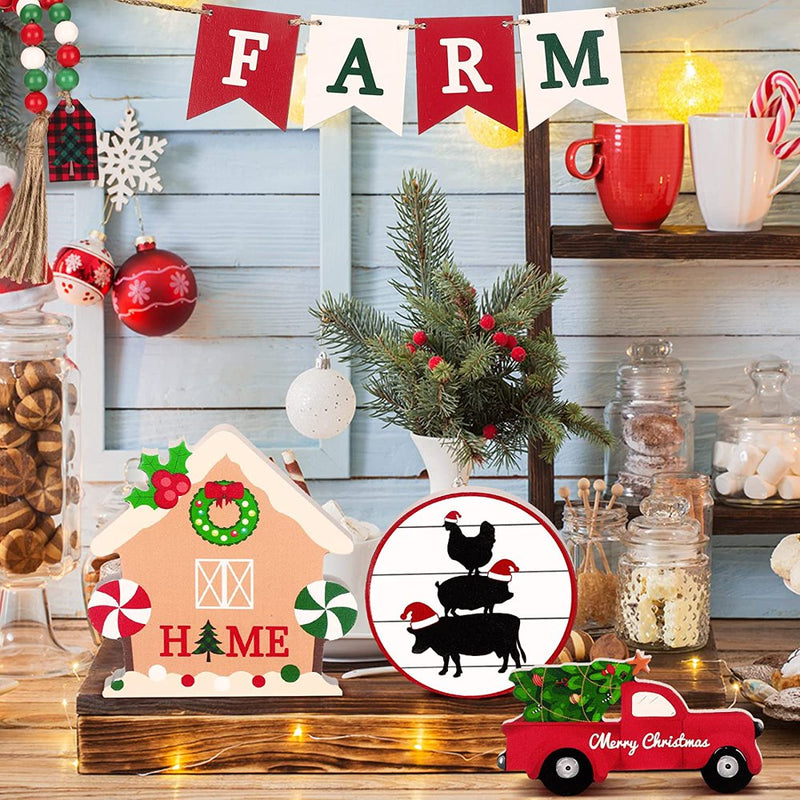 Husfou Christmas Tiered Tray Decorations Kit, Farmhouse Wooden Tabletop Centerpieces Signs Decor for Xmas Home Holiday Party Supplies