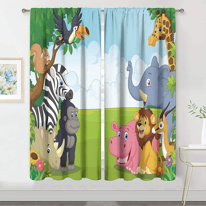 MESHELLY Baby Boy Nursery Jungle Safari Curtains 42(W) X 63(H) Inch Rod Pocket Kids Children Play Forest Lion Animal Printed Curtains for Living Room Bedroom Window Drapes Treatment Fabric 2 Panels