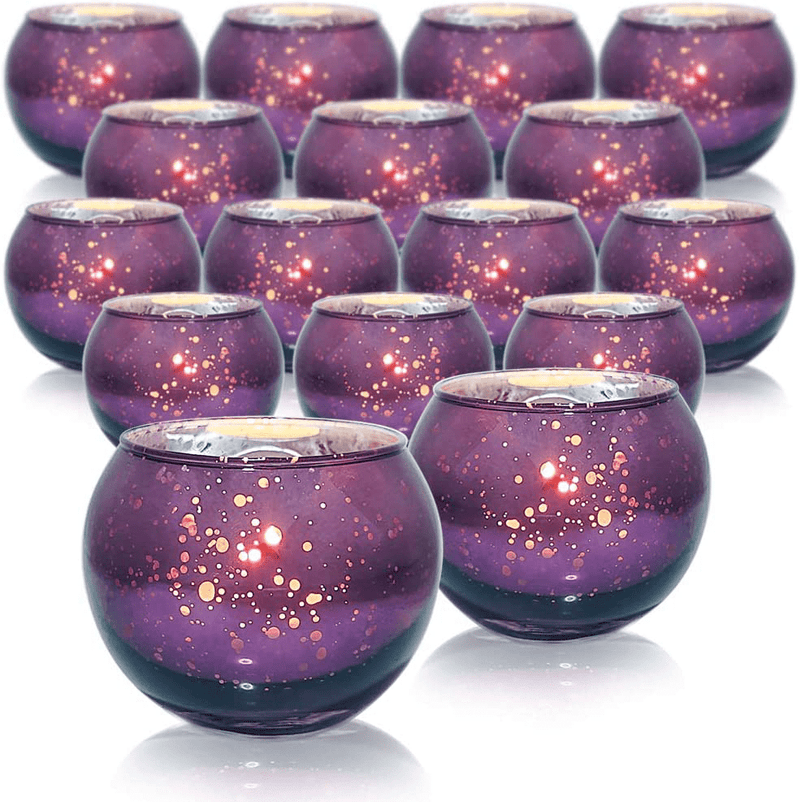 DerBlue 16Pcs Round Mercury Glass Votive Candle Holders for Wedding Centerpieces, Valentines Dinner, Garden Tub and Any Theme Events (Purple)