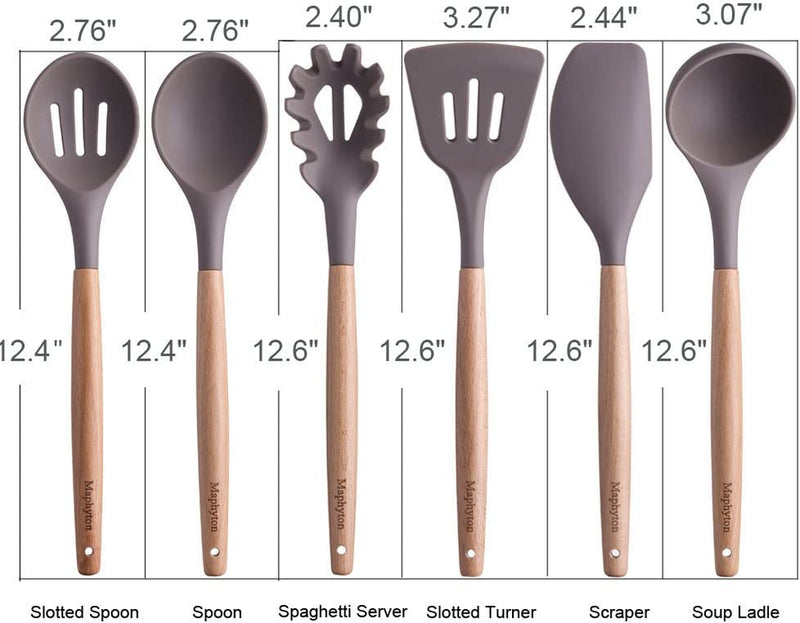 Maphyton Silicone Kitchen Cooking Utensils Set, 6 Pcs Non-Stick Kitchen Utensils Set Spatula Set with Wooden Handle Heat-Resistent Silicone Cookware Kitchen Gadgets (Grey)
