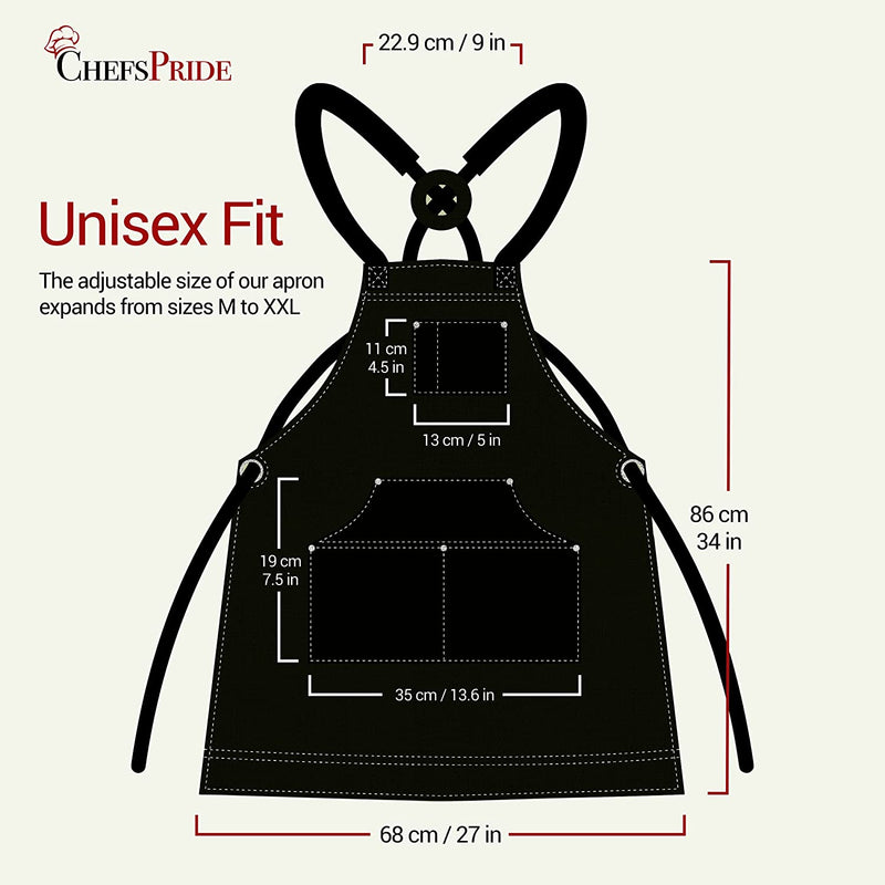 Professional Grade Chef Apron for Cooking, Kitchen, BBQ, and Grill (Black) with Towel Loop + Tool Pockets + Quick Release Buckle, Adjustable M to XXL- Mens, Womens Aprin
