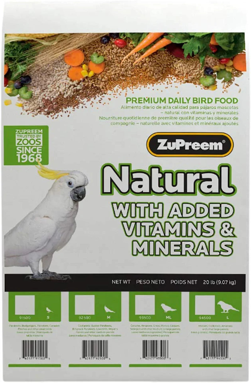 Zupreem Natural Bird Food Pellets for Large Birds, 20 Lb - Everyday Feeding Made in USA, Essential Vitamins, Minerals, Amino Acids for Amazons, Macaws, Cockatoos