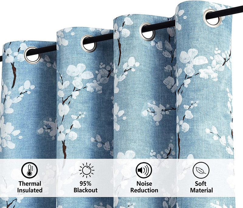 FMFUNCTEX Blue White Blackout Curtains for Living-Room 84Inch Floral Printed Window Curtains for Bedroom Thermal Insulated Energy Saving Blossom Curtain Panels 50W 2 Pcs Grommet Top