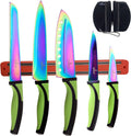 Stainless Steel Rainbow Knife Set - Titanium Coated Kitchen Starter Set with Utility Knife, Santoku, Bread, Chef, & Paring Knives with Black Sharpener Tool & Magnetic Mounting Rack - Silislick