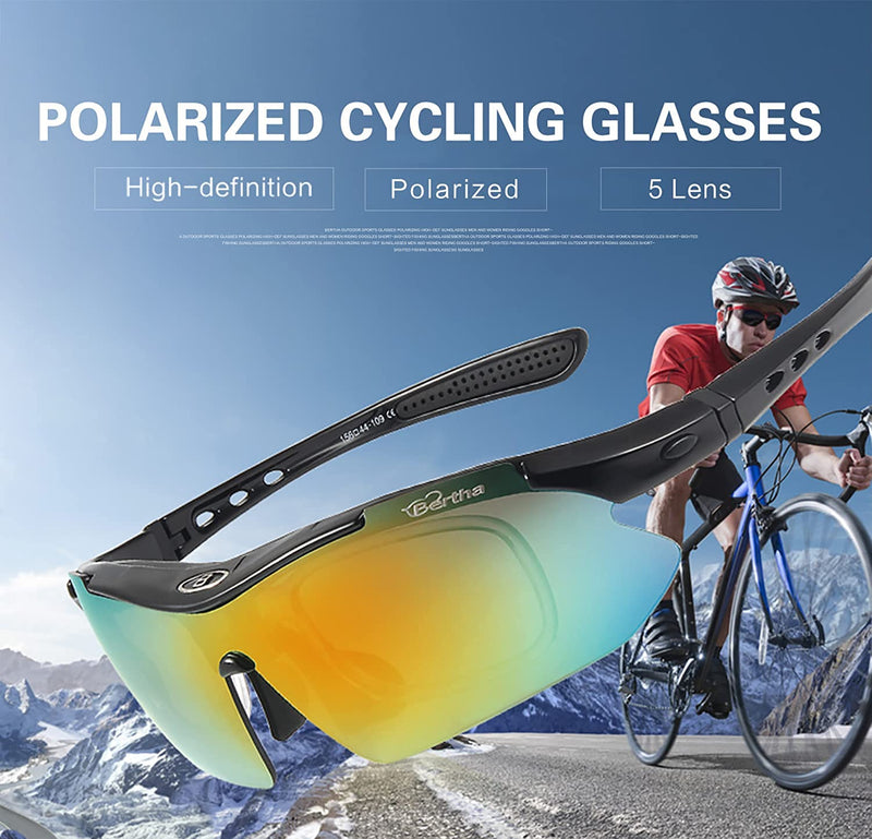 Qonoic Cycling Sunglasses Polarized Riding Glasses Road Mountain Bike Goggles Safety Eyewear 5 Lens Prescription Support SYD0868