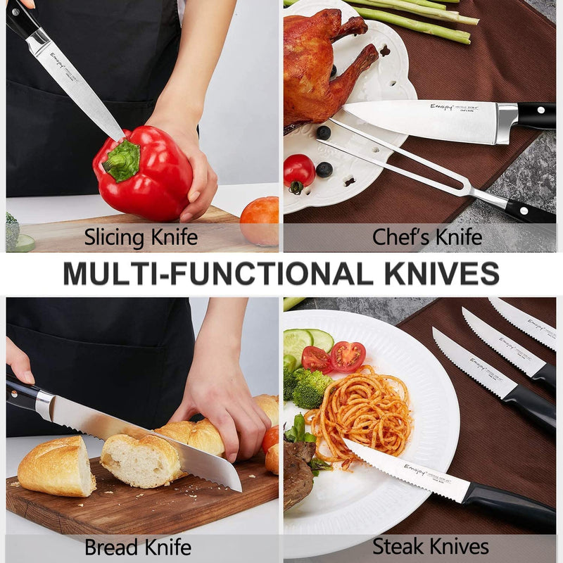 Emojoy 22-Piece Kitchen Knife Set with Block, Include 2-Pair Chef Knives, Carving Fork and Sharpener (Dual-Chef Sets)