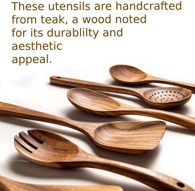 Culincraft Wooden Kitchen Utensil Set, Wooden Cooking Utensils, Wooden Utensils for Cooking, 6-Piece Set of Nonstick Teak Wood Kitchen Tools with Spoons, Spatulas, Skimmer, Salad Fork, and Gift Box