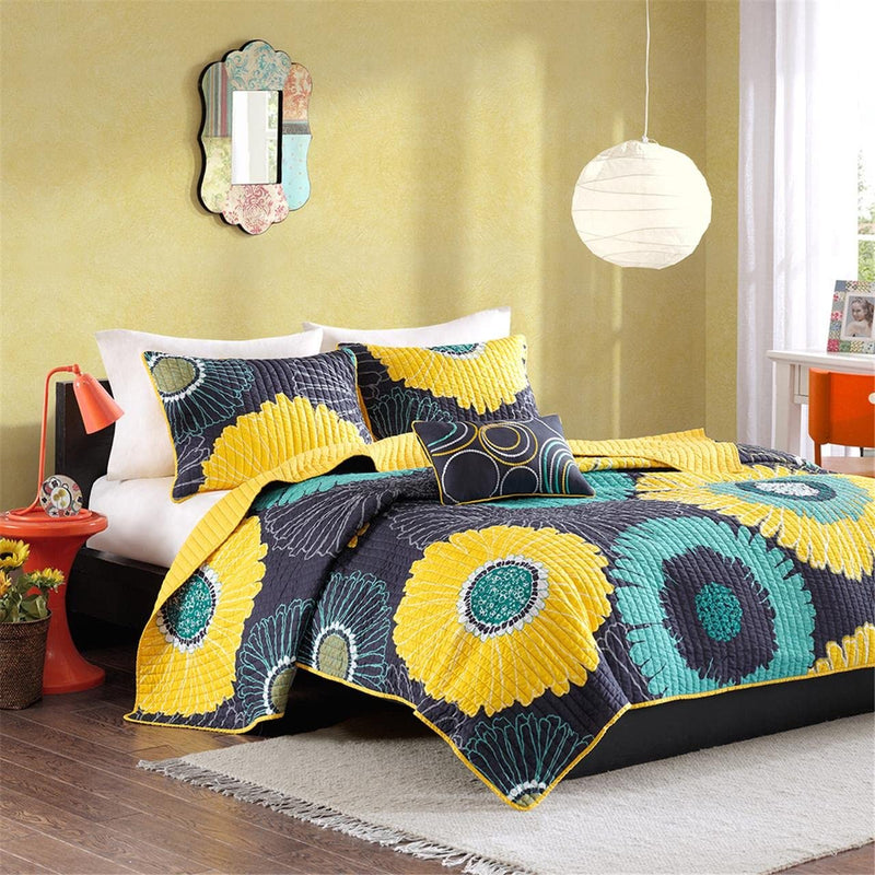 Mi Zone Cozy Quilt Set, Casual Modern Vibrant Color Design All Season Teen Bedding, Coverlet Bedspread, Decorative Pillow, Girls Bedroom Décor, Twin/Twin XL, Alice Yellow Flower 3 Piece