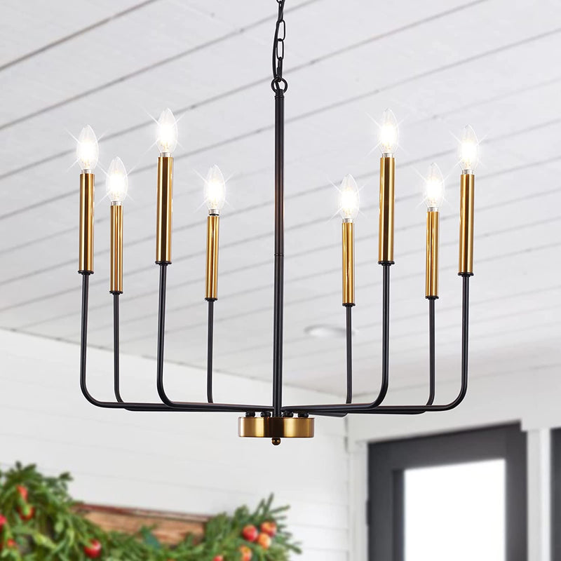 PUMING Farmhouse Chandelier 8 Lights Gold and Black Candle Chandeliers Ceiling Hanging Pendant Lights Fixture Rustic Pendant Lighting for Kitchen Island Dining Room Living Room Bedroom