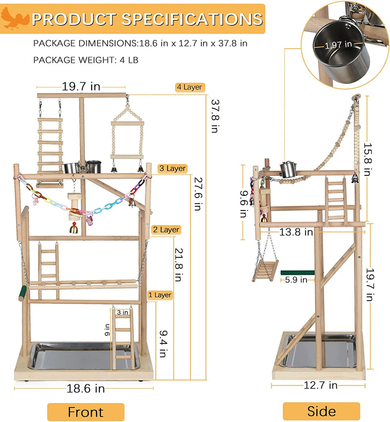 Ibnotuiy Pet Parrot Playstand Parrots Bird Playground Bird Play Stand Wood Perch Gym Playpen Ladder with Feeder Cups Bells for Cockatiel Parakeet (4 Layers)
