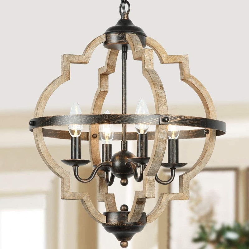 T&A Orb 4-Light Farmhouse Chandelier, Stardust Finish Rustic Brown Chandelier,Wood and Iron Component Vintage Island Light for Kitchen Dining Room Foyer