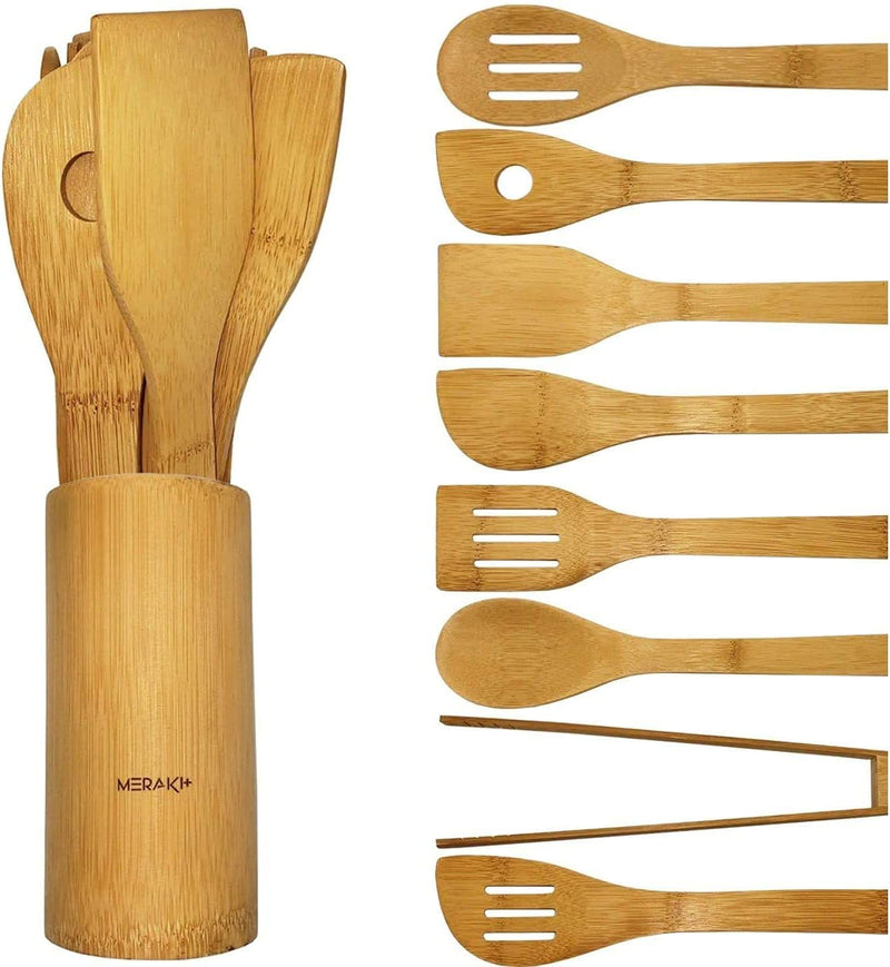 Meraki+ (9 Pack) Bamboo Cooking Utensils, Durable Wooden Kitchen Utensil Set with Holder, Eco Friendly Wood Kitchen Gadgets, Kitchen Tool Set for Nonstick Cookware, Wooden Cooking Spoons & Spatulas
