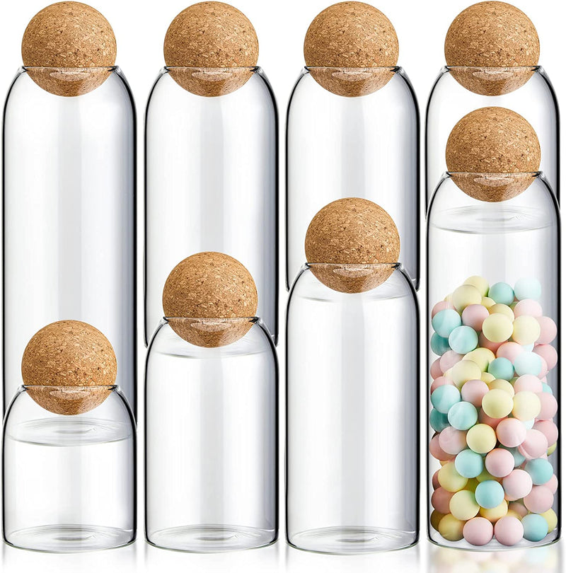 Potchen 8 Packs Glass Storage Bottle Sealed Jar with Cork Ball Wood Lid Glass Canisters Sugar Candy Coffee Container for Kitchen Food 17Oz 27Oz 34Oz 42Oz