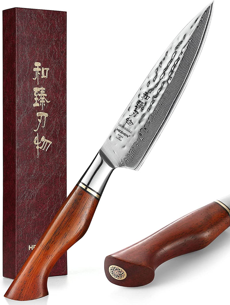 HEZHEN Damascus Kitchen Knives Set with Block,Pro Knife Set-7Pc,Premium Powder Steel Boxed Knives Sets,Natural Rosewood Handle,Suitable for Home Cooking or Restaurant,Master Hammered Finish Series