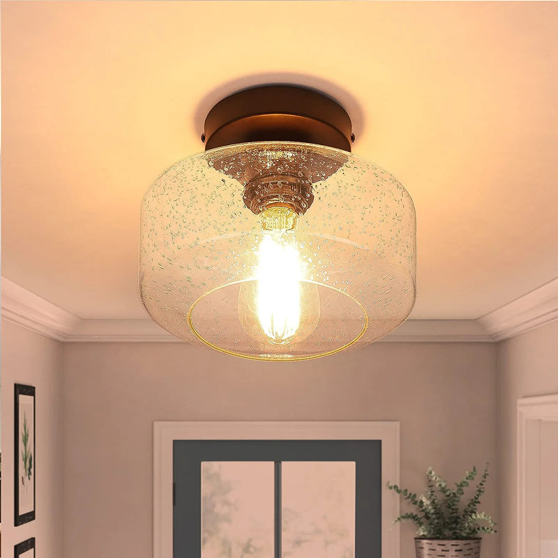 Industrial Semi-Flush Mount Ceiling Light, Seeded Glass Pendant Lamp Shade, Brown Farmhouse Lighting for Hallway Porch Corridor Kitchen Bedroom, Modern Indoor Hanging Light Fixtures, Bulb Not Included