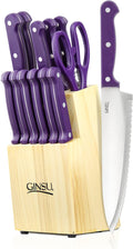 GINSU KIS-PU-DS-014-2 Kiso Dishwasher Safe Purple 14 Piece Knife Set with Natural Block, 9" W X 15" H X 5" D