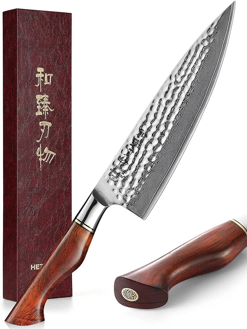 HEZHEN Damascus Kitchen Knives Set with Block,Pro Knife Set-7Pc,Premium Powder Steel Boxed Knives Sets,Natural Rosewood Handle,Suitable for Home Cooking or Restaurant,Master Hammered Finish Series