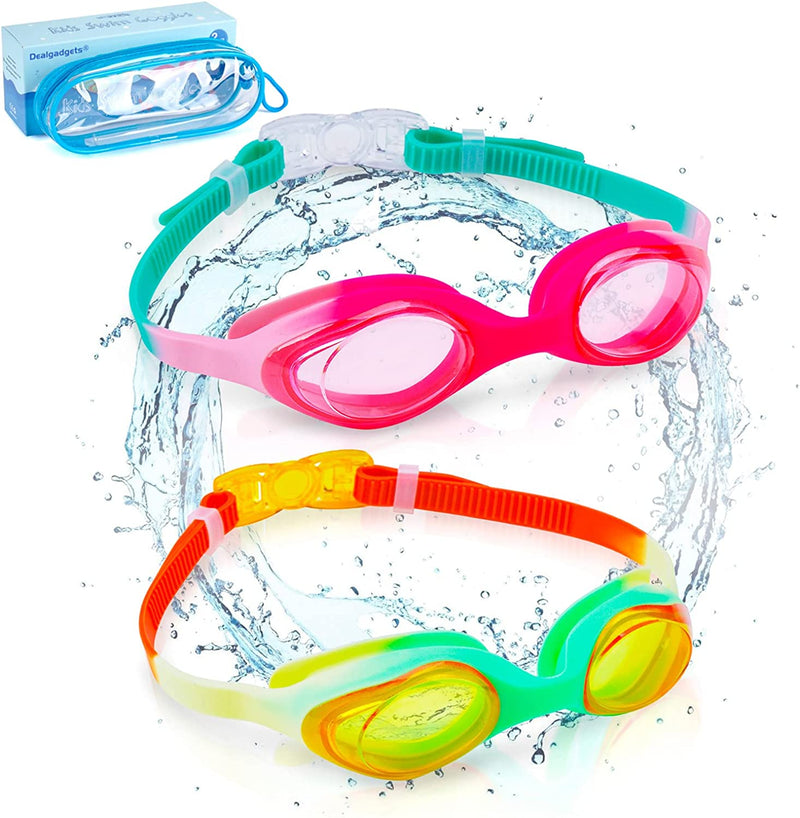 Kids Swim Goggles, 2 Packs Anti-Fog Leak Proof Kids Goggles, Anti-Uv Clear Vision, 3D Tight Fit Design with Soft Silicone, Suitable Swimming Goggles with Portable Case for Kids 6-14 Boys and Girls