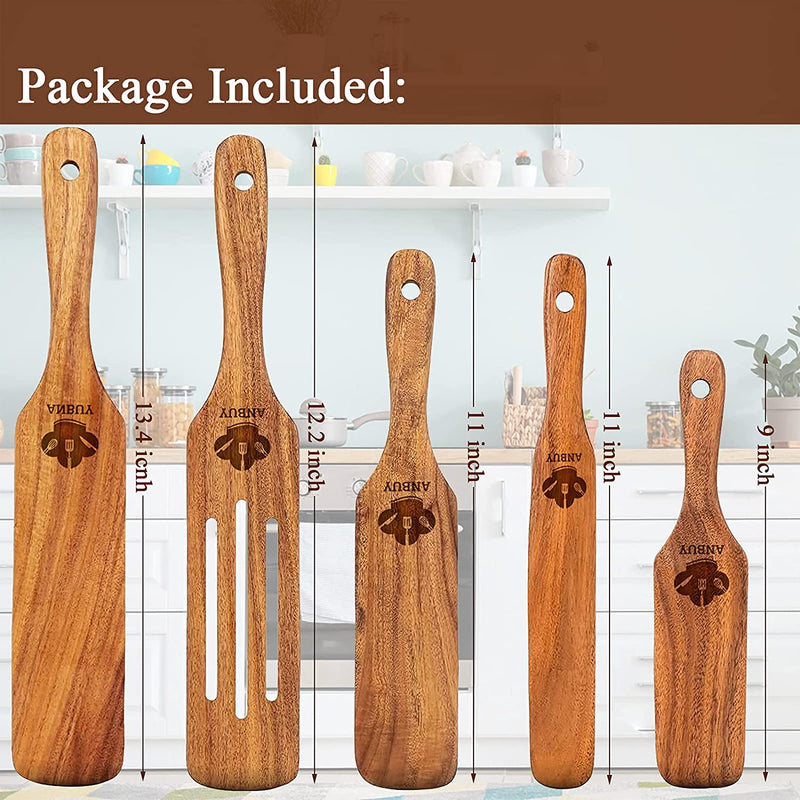 Spurtles Kitchen Tools as Seen on Tv, 5Pcs Spurtles Kitchen Tools as Seen on TV, Natural Teak Wooden Cooking Utensils, Slotted Spurtles Set with Hanging Hole, Heat Resistant Nonstick