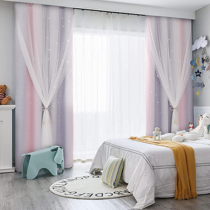 Drewin 2 Panel Girls Curtains for Bedroom 63 Inches Length Stars Cut Out Pink Blackout Curtain Kids Room Darkening 2 in 1 Rainbow Ombre Stripe Double Layer Window Drapes Nursery,52X63 in Pink & Grey