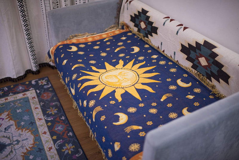 Erke 35"X60" Sun and Moon Stars Cushion Cover for Sofa Loveseat Slipcover Chair Furniture Protector Decor, Hippie Room Decorative Wall Hanging Celestial Tapestry (Yellow Blue, Small, 100% Cotton)