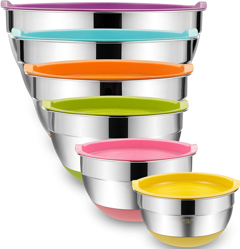 Mixing Bowls with Airtight Lids, 6 Piece Stainless Steel Metal Bowls by Umite Chef, Measurement Marks & Colorful Non-Slip Bottoms Size 7, 3.5, 2.5, 2.0,1.5, 1QT, Great for Mixing & Serving