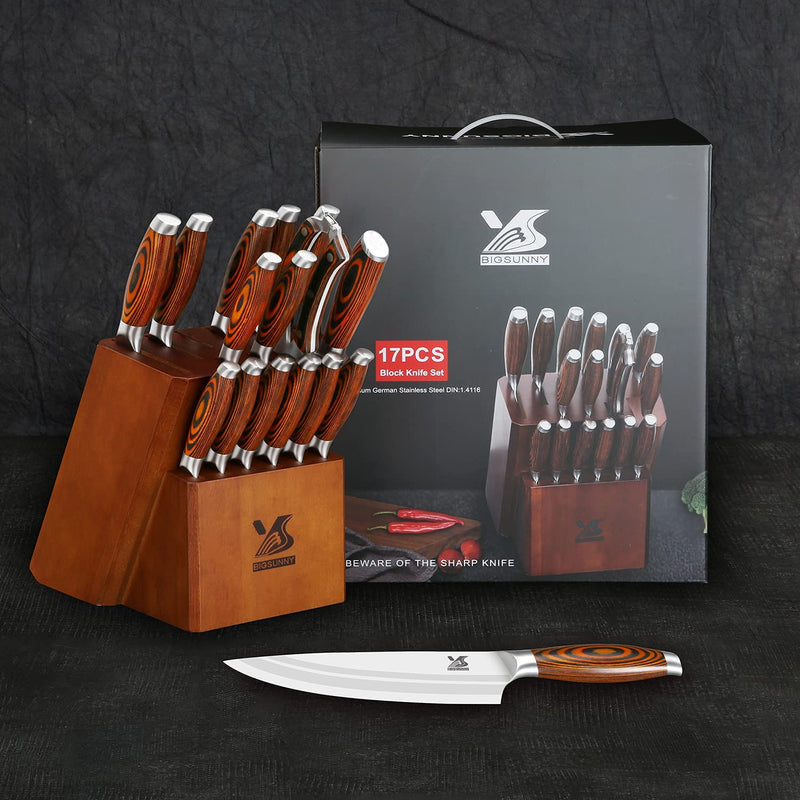 MSY BIGSUNNY Knife Block Set 17-Piece Knife Set with Wooden Block - German Steel Perfect Cutlery Set Gift