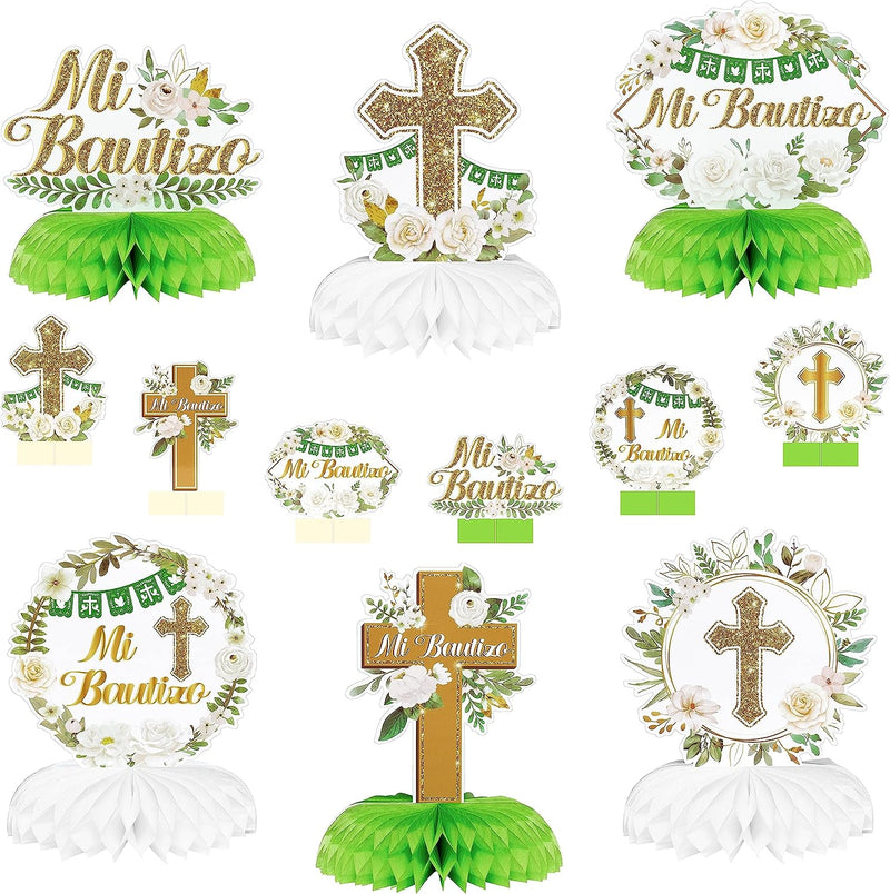 12Pcs Floral Mi Bautizo Cross Baptism Party Table Centerpiece Sage Blue Gold Baptism Religious Party Decor God Bless Christening Confirmation Party Photo Props for Girls Boys Baby Shower