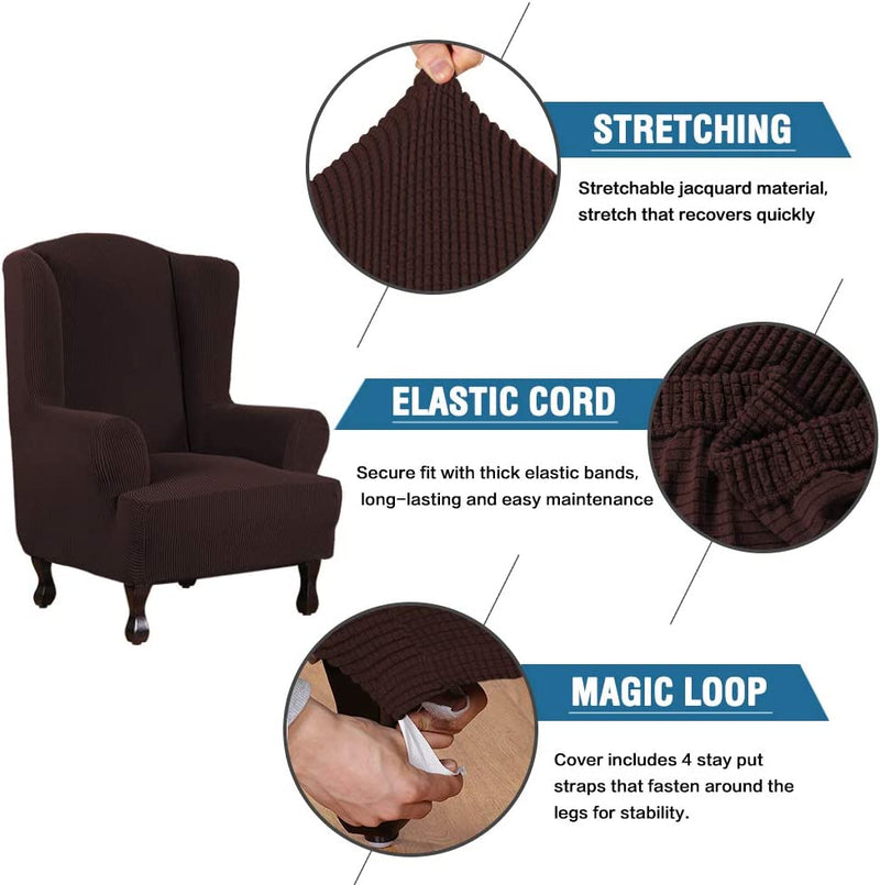 H.VERSAILTEX Wing Chair Slipcover Chair Covers for Wingback Chairs Wingback Chair Covers Slipcovers 1 Piece Stretch Sofa Cover Furniture Protector Soft Spandex Jacquard Checked Pattern, Chocolate