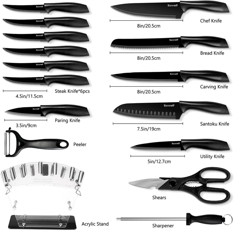Knife Set TICWELL 16 Pieces Kitchen Knife Set, Professional Chef Kitchen Knife Set with Block, High Carbon Stainless Steel Knife Block Set with Sharpener, Peeler and Shears