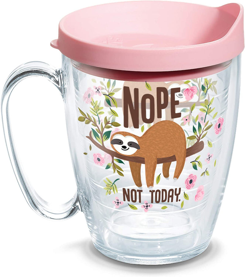 Tervis 1303151 Sloth Nope Not Today Insulated Tumbler with Wrap and Pink Lid, 16 Oz, Clear