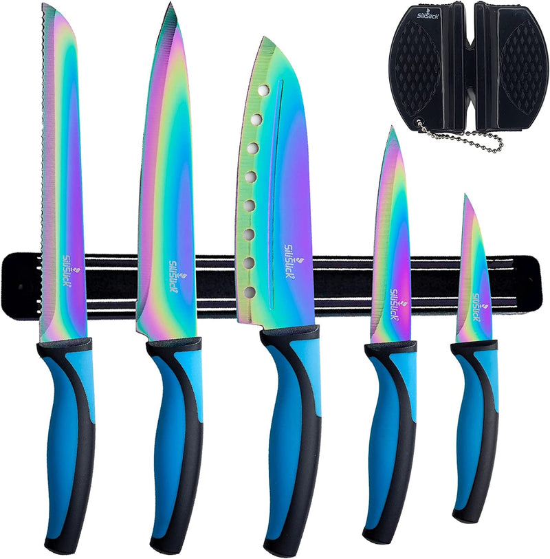 Stainless Steel Rainbow Knife Set - Titanium Coated Kitchen Starter Set with Utility Knife, Santoku, Bread, Chef, & Paring Knives with Black Sharpener Tool & Magnetic Mounting Rack - Silislick