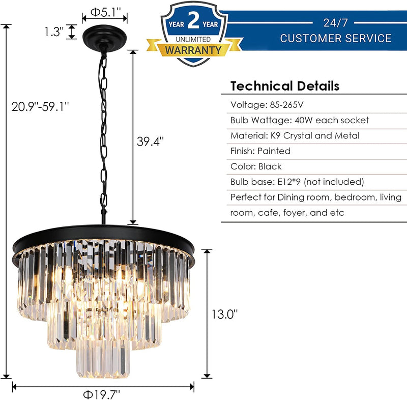 Weesalife Modern Crystal Chandeliers Contemporary Ceiling Lights Fixtures 9 Lights Farmhouse Pendant Lighting Dining Room Living Room 3-Tier Chandelier W19.7 Inches, Black