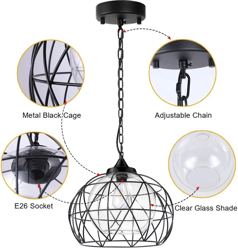 Wellmet 1-Light Hanging Lights,14.5 Inch Outdoor Chandelier Black Cage Pendant Lighting with Glass Shades,Porch Gazebo Barn Light Fixture Perfect for Dining Room,Bar,Aisle,Hallway,Entryway,Foyer