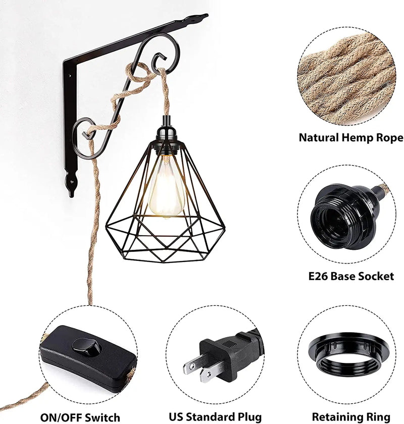 Plug in Hanging Light Fixture, 15FT Pendant Lamp Lights Cord with Switch Cord E26 Bulbs Socket, Industrial DIY Twisted Hemp Rope Overhead Lamps for Farmhouse Bedroom Home Lighting Decors