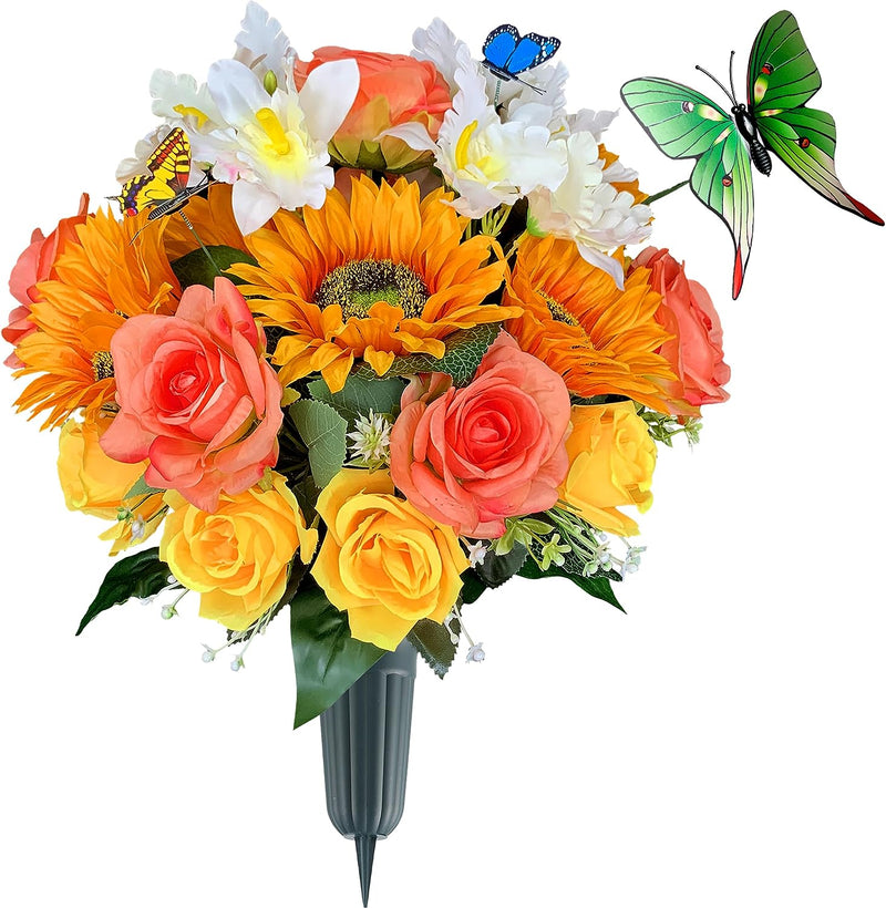 HENOMO Artificial Cemetery Flower with Vase,Headstone Flower Saddle, Non-Bleed Colors, Grave Arrangement for Sympathy,Graveside Decoration, Butterfly Include