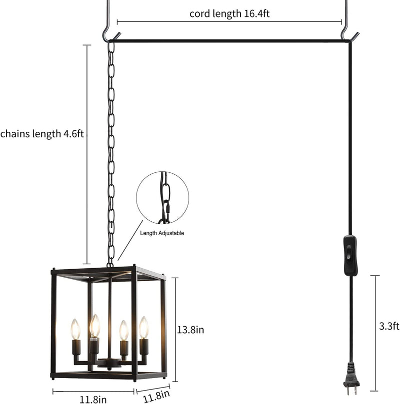 Jacklove 4-Light Plug in Chandelier Farmhouse Industrial Black Metal Cage Plug in Pendant Light with 16.4Ft Cord,On/Off Switch,Ceiling Hanging Light for Kitchen Island Dining Room Foyer,Ul Listed
