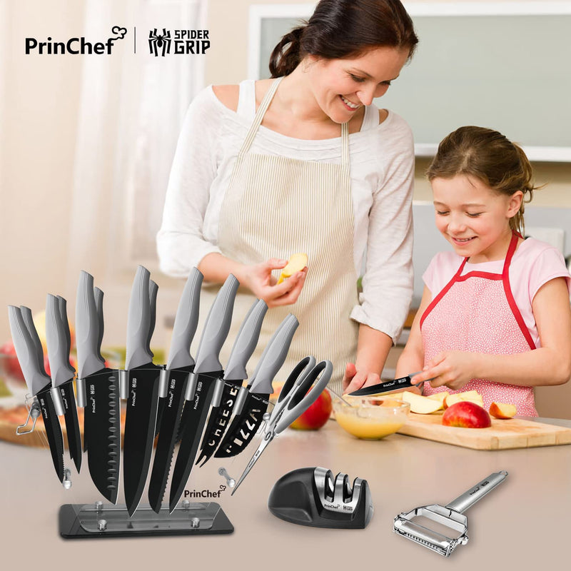 Princhef Knife Set, 19 Pcs Rust Proof Knives Set for Kitchen, with Acrylic Stand, Sharpener, Scissors and Peeler, Stainless Steel Knife Sets with Black Coating, Nonstick and No Scratch