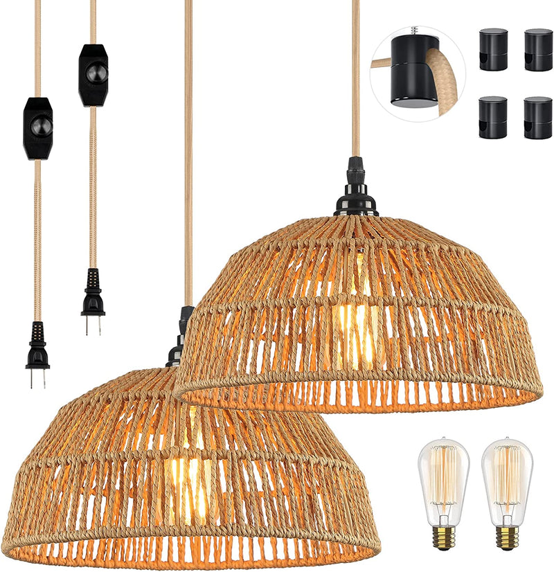 Plug in Pendant Light, Hanging Lights with 15Ft Golden Cotton Cord & Stepless Dimming Switch, Handwoven Hemp Rope Lampshade, Boho Hanging Lamp for Dining Room,Hallway (Bulb & 2 Swag Hooks Included)