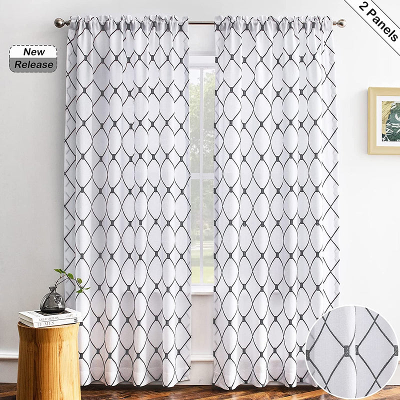 Melodieux Diamond Embroidery Semi Sheer Curtains for Living Room, Linen Look Geometric Lattice Rod Pocket Embroidered Drapes, White Grey, 52 by 63 Inch (2 Panels)