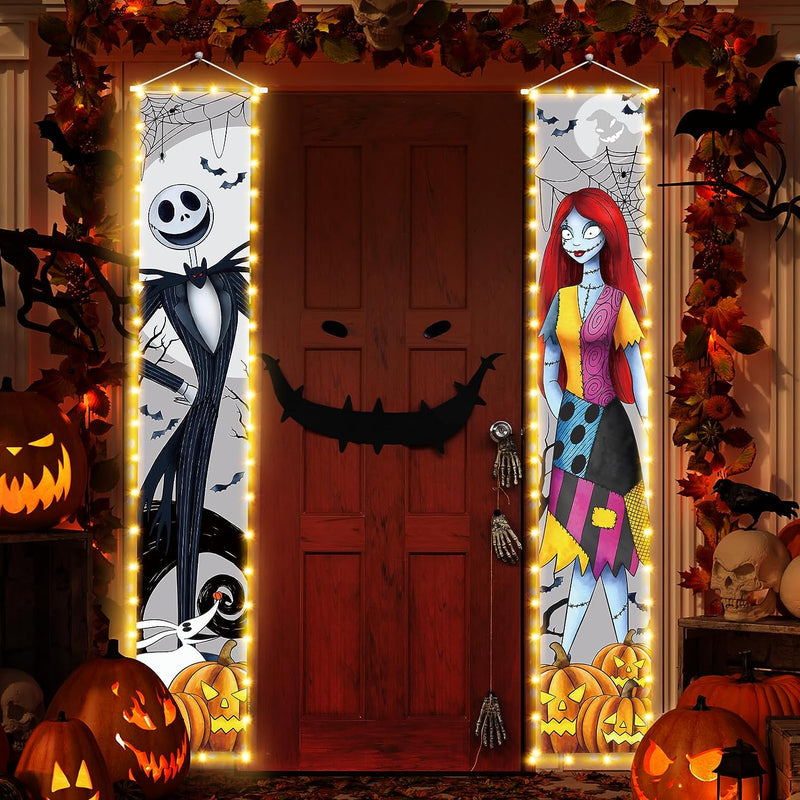 Jack Sally Lighted Banners Porch Signs Halloween Decor Christmas Nightmare Banner Halloween Decorations Outdoor Party Banner