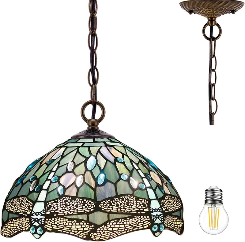 WERFACTORY Tiffany Pendant Light Fixture Sea Blue Stained Glass Dragonfly Hanging Lamp Wide 12 Inch Height 32 Inch S147 Series