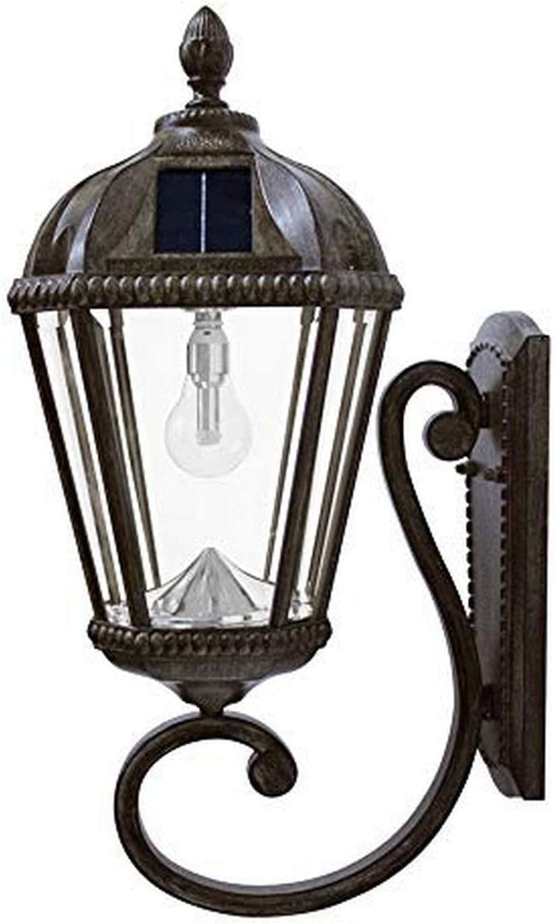 GAMA SONIC Solar Outdoor Wall Light, Royal Bulb Exterior Sconce Lamp, Weathered Bronze Finish Aluminum, Clear Beveled Glass, Warm White LED with Omni-Direction Reflector, 98B310