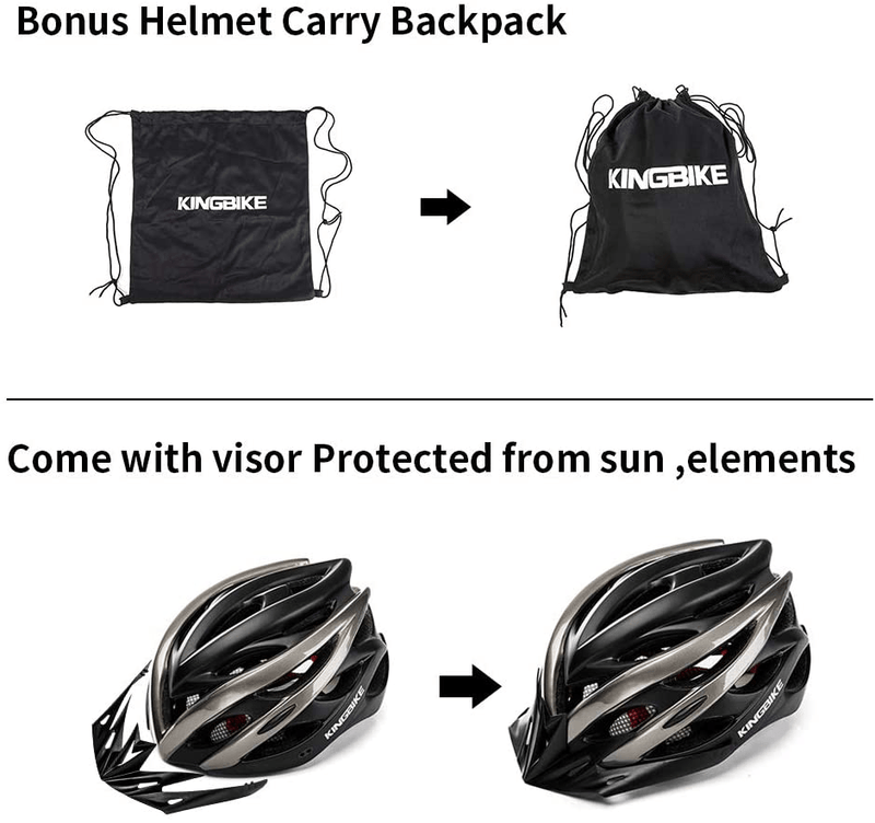 KINGBIKE Ultralight Bike Helmets with Rear Light + Portable Simple Backpack + Two Detachable Visor for Men Women(M/L,L/XL)