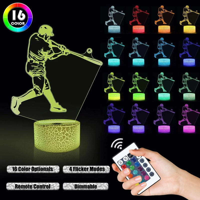 Lampeez Baseball Player Gifts, 3D Night Light for Kids Optical Illusion Lamp with Remote 16 Colors Changing Birthday Xmas Valentine'S Day Gift Idea for Sport Fan Boys Girls