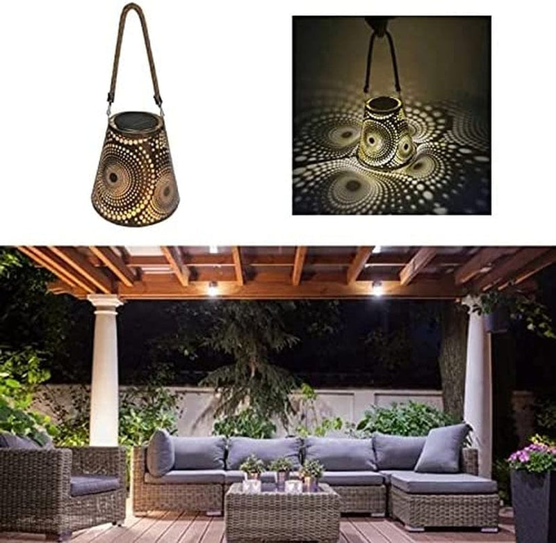 LXXSH Retro Hollow Out Solar Lantern Outdoor Decorative Hanging Metal Lights Yard Garden LED Projector Lamp